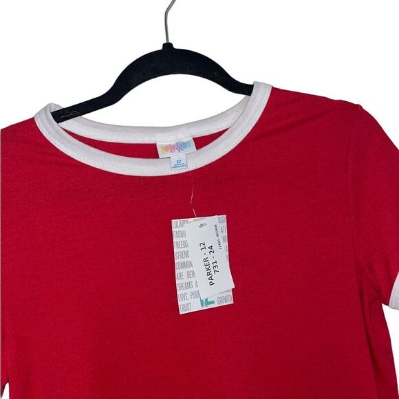 LuLaRoe Size 12 Kids Parker Tee • Solid Red w/White Trim • Americana Collection - Picture 6 of 13